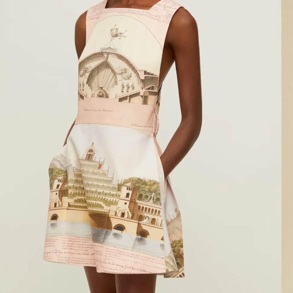 Patou pinafore mini dress in printed organic cotton and wool